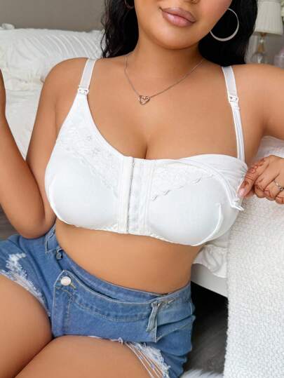 SHEIN 1pc Plus Size Lace Patchwork Front Opening Nursing Bra