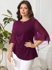 Reflora Áo cánh tay chuông màu trơn thanh lịch cỡ lớn dành cho người đi làm - Màu đỏ tím - Xem 4