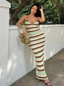 NegzBox Women's Spring/Summer New Knitted Crochet Crossed Backless Striped Bohemian Dress, Elegant Vacation Dress Summer Outfits For Women Ave Outfits Festival Rave Festival  Rave Outfits Festival Outfits For Women Country Concert Outfit Festival Outfits Sundress Western Clothes For Women Summer Dresses For Women Dresses For Women Summer Outfits For Women Vacation Boho - Multicolor - View 1