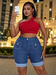 SHEIN SXY Plus Size Women's Elastic Fitted Elegant Fashion Denim Shorts, Autumn Cowboy - Medium Wash - View 7