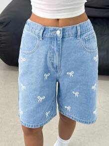 SHEIN 少女蝴蝶结刺绣口袋休闲牛仔短裤 - 淺色水洗藍 - 查看 5