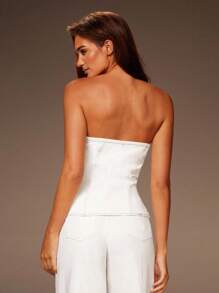 Athîral 女式休闲前扣吊带牛仔上衣，夏季 - 白色 - 查看 2