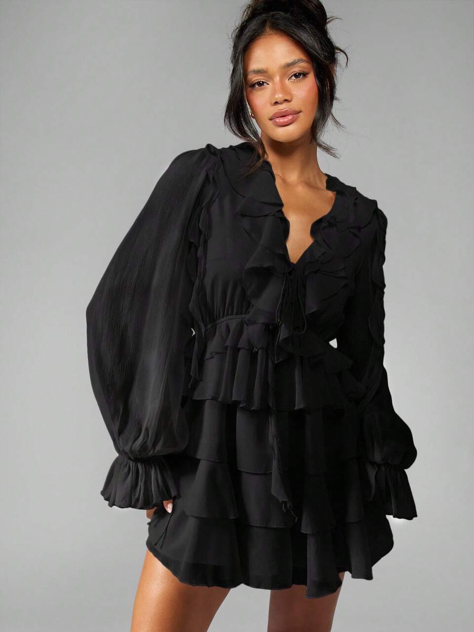 MISSGUIDED Chiffon Mini Dress With Balloon Sleeves Ruffle Layered Tiered Skirt Victorian Style Fall Winter Party Occasion Wear