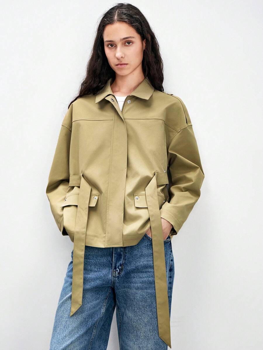 Lumivelle Women's Fashion Windbreaker Utility Jacket With Waist Cinch, Autumn/Winter Casual Spring For University - Khaki - View 1