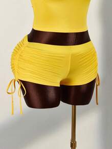 Amplova Bộ 2 chiếc áo yếm đính đá cỡ lớn cho nữ và quần short mini có dây rút - Màu vàng - Xem 6