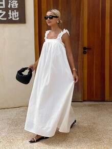 Livesso New Autumn Back To School Casual Vacation Style Spaghetti Strap Women Long Dress - White - View 4