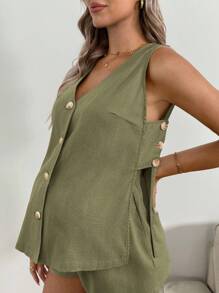 SHEIN Conjunto de maternidad de 2 piezas: pantalones cortos de cintura ajustable de unicolor y top casual sin mangas