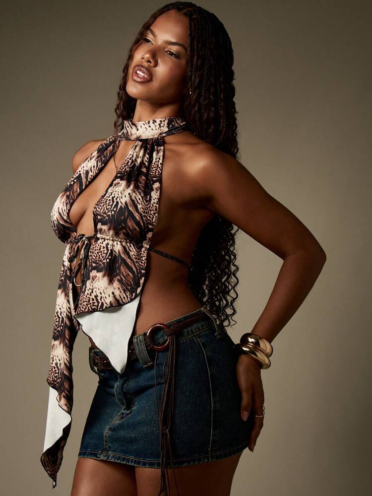 MISSGUIDED Animal Print Halter Neck Crop Top With Asymmetric Hem