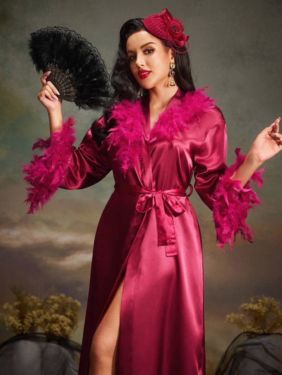 Women's Fuzzy Patchwork Long Sleeve Tie-Waist Nightgown RetroStyles DarkRomance