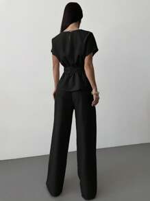 Firerie 春夏新款优雅杏色亚麻竹节领收腰纽扣衬衫和高腰直筒阔腿裤通勤套装、亚麻休闲套装、度假套装