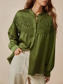 Florisole 女士休闲/办公装褶皱缎面长袖军绿色衬衫 - 軍綠色 - 查看 1