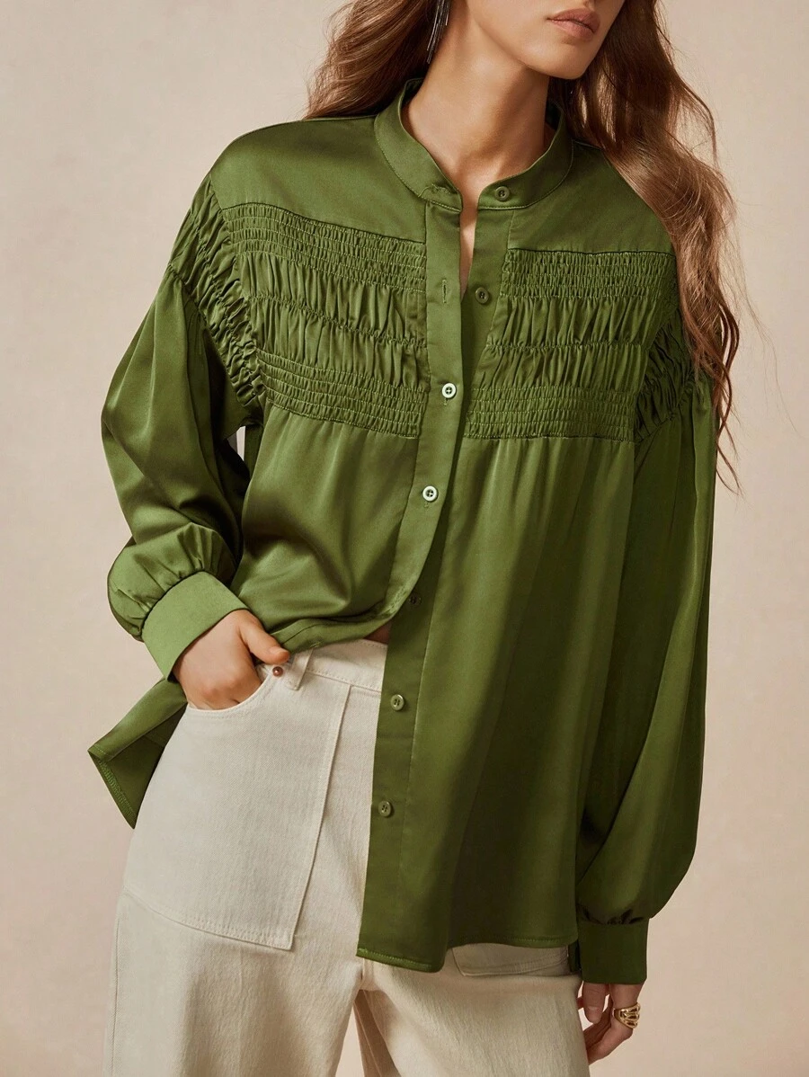 Florisole 女士休闲/办公装褶皱缎面长袖军绿色衬衫 - 軍綠色 - 查看 1