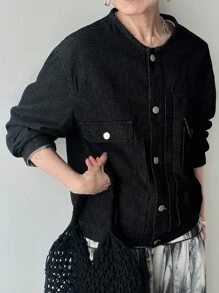 FRIFUL 女士休闲百搭纯色牛仔夹克 - 藍色 - 查看 6