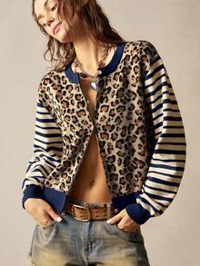 Cárdigan de manga larga con botones delanteros y estampado de leopardo y rayas para mujer, cárdigan de estampado de leopardo, cárdigan a rayas para mujer en otoño/invierno - Multicolor - Ver 6