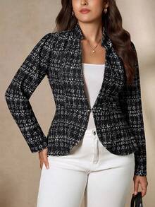 SHEIN Clasi 大码休闲通勤简约日常百搭时尚长袖西装外套女式西装外套女式西装外套短款西装外套女士西装外套粗花呢夹克女式秋装大码冬装女式商务休闲女式办公室服装女式工作服 - 黑與白 - 查看 6