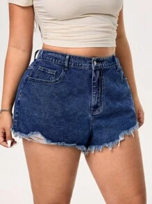 SHEIN EZwear 大码女式口袋蝴蝶结刺绣水洗无弹力牛仔短裤 - 深色水洗藍 - 查看 5