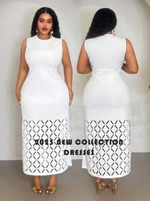 Veslaya 2025 Nouveau Printemps/Été Vêtements pour Femmes Grande Taille Automne/Retour à l'École/Début des Cours/Y2k/Travail/Bureau/Sortie/Vêtements d'Aéroport/Style de Rue/Punk/Décadent/Date de Remise des Diplômes/Vacances Élégantes/Tenue Femme Diplômée/Élégante Combinaison Tout Blanc Col Rond Sans Manches Bas Creux Grille Diamant Moyenne à Longue