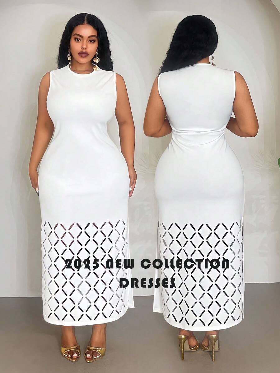 Veslaya 2025 Nouveau Printemps/Été Vêtements pour Femmes Grande Taille Automne/Retour à l'École/Début des Cours/Y2k/Travail/Bureau/Sortie/Vêtements d'Aéroport/Style de Rue/Punk/Décadent/Date de Remise des Diplômes/Vacances Élégantes/Tenue Femme Diplômée/Élégante Combinaison Tout Blanc Col Rond Sans Manches Bas Creux Grille Diamant Moyenne à Longue