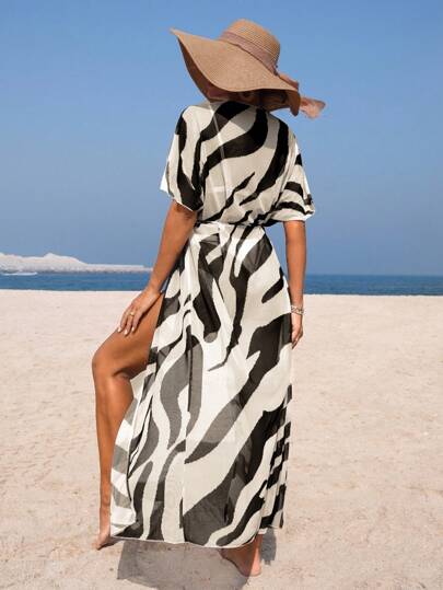 Breezaya Women's Summer Vacation Zebra Print Sheer Long Kimono Cardigan