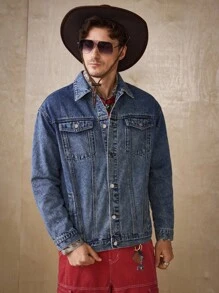 RivetRise 男士休闲时尚街头牛仔风格拼接图案宽松牛仔夹克，春秋季 - 中等水洗藍 - 查看 4
