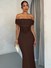 SHEIN BAE Off Shoulder Lace Bodycon Dress, Elegant For Spring/Summer,Prom Dress,Fall Wedding Guest Dress,Wedding Guest Dress Women - Coffee Brown - View 3