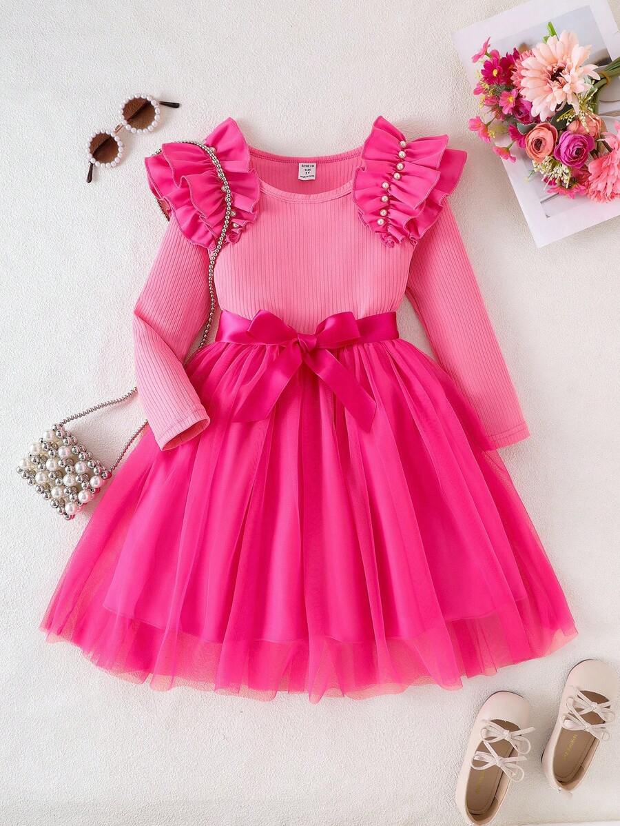 Rochie drăguță din plasă roz cu decor de perle, mânecă lungă, stil prințesă, confortabilă, toamnă/iarnă