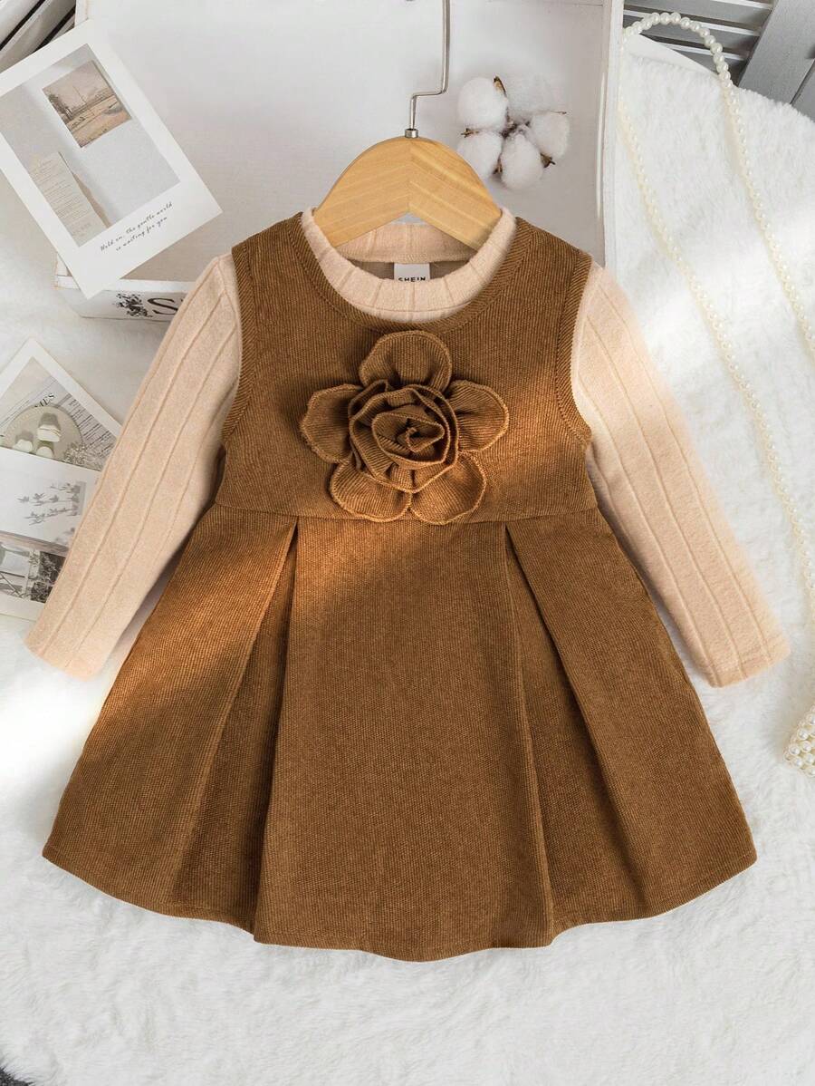 Baby Mädchen Lässig Langarm T-Shirt & ärmelloses Blumen Dekor Kleid Set