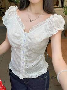 DAZY Women's Summer V-Neck Frill Trim Fitted Short Sleeve T-Shirt - White - View 1