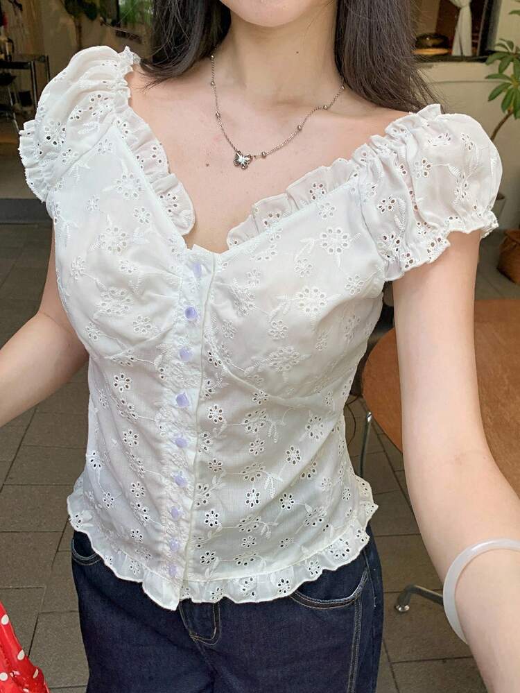 Women's Summer V-Neck Frill Trim Fitted Short Sleeve T-Shirt