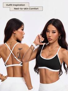 Easithlete 女士撞色设计瑜伽健身跑步可拆卸衬垫运动文胸 - 黑與白 - 查看 1