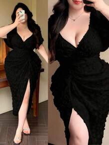 Vibekara 复古法式泡泡袖波尔卡圆点纹理女式派对连衣裙 - 黑色 - 查看 1