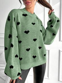 EURMUSE Heart Pattern Drop Shoulder Sweater