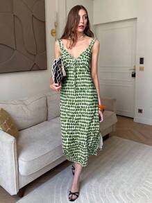 Pariaura 女士夏季番茄印花长裙，休闲通勤百搭夏季连衣裙，适合大学校园穿着 - 墨綠色 - 查看 4