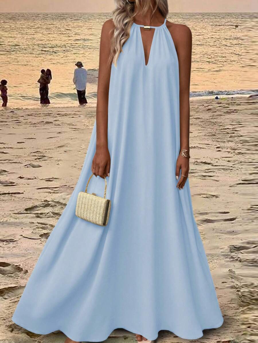 EMERY ROSE Women's Solid Color Simple Daily Wear Swing Neck Halter Dress Maxi Vacation Beach Outfit Baby Blue - Mint Blue - View 1