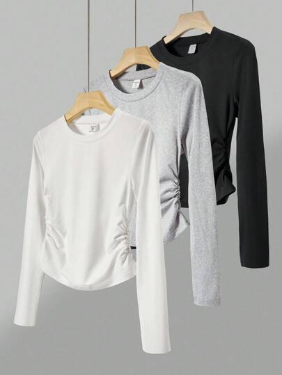 Sparklyn 3pcs/Set Teens Girls' Casual Everyday Long Sleeve Knit T-Shirts Fall Winter