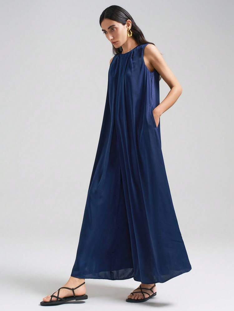 Elegant Navy Blue Sleeveless Draped Jumpsuit, Satin Fabric, Versatile For Daily Wear, Beach, Boho Resort Style, Summer Influencer Same Style, Exotic Vibe, Comfortable High-Quality Material