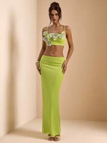 SHEIN BAE 2 pièces Ensemble pour femme Top de débardeur à bretelles fines avec ornements de couleur unie jaune vert et jupe longue à taille basse. Convient pour la plage, la villégiature d'été. Ensemble décoré de fleurs 3D, robe pour le petit-déjeuner. - Vert - Voir 5