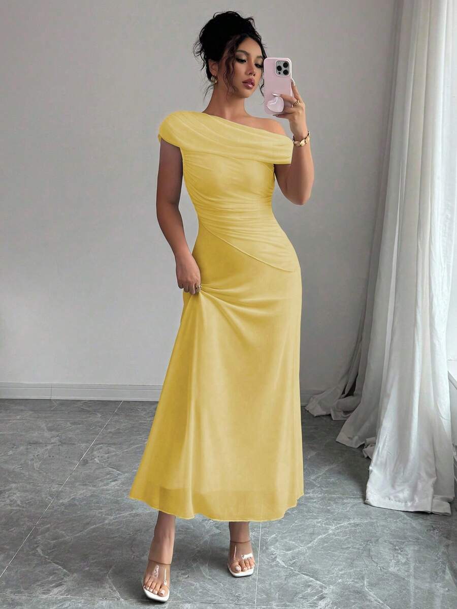 Modelyn 女式网眼不对称肩部褶饰拼布下摆法式优雅性感礼服 - 黃色 - 查看 1