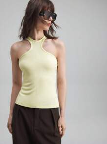 Ontre Top tipo tank de mujer con cuello redondo amarillo crema, corte geométrico, nueva para el verano 2025, elegante y romántica, versátil, de negocios y casual, adecuada para playa, boda, festival de música country, brunch, outfit para aeropuerto, top básico de hombros descubiertos de los 90