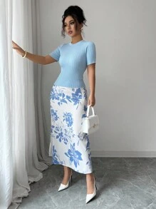 Franclia Set de 2 piezas con camiseta gráfica ajustada de cuello redondo y falda, conjunto de ropa de punto para vacaciones universitarias - Azul - Ver 5