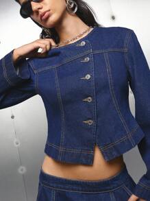 LYSMO 女士时尚通勤斜襟短款牛仔夹克