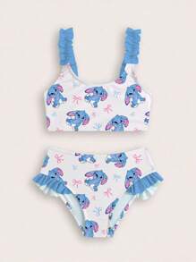 SHEIN GraphicGems Young Girl Summer Beach Vacation Style Cute Cartoon Rabbit & Bow Print Contrast Frill Trim Bikini Set Set Animal Print Dress Halloween Costumes School Clothes School Clothes Back To School Clothes Puppy Keep Puppy Graphic Tees