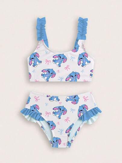 SHEIN GraphicGems Conjunto de bikini con volantes de estampado de conejo y lazo, estilo de vacaciones en la playa para niña