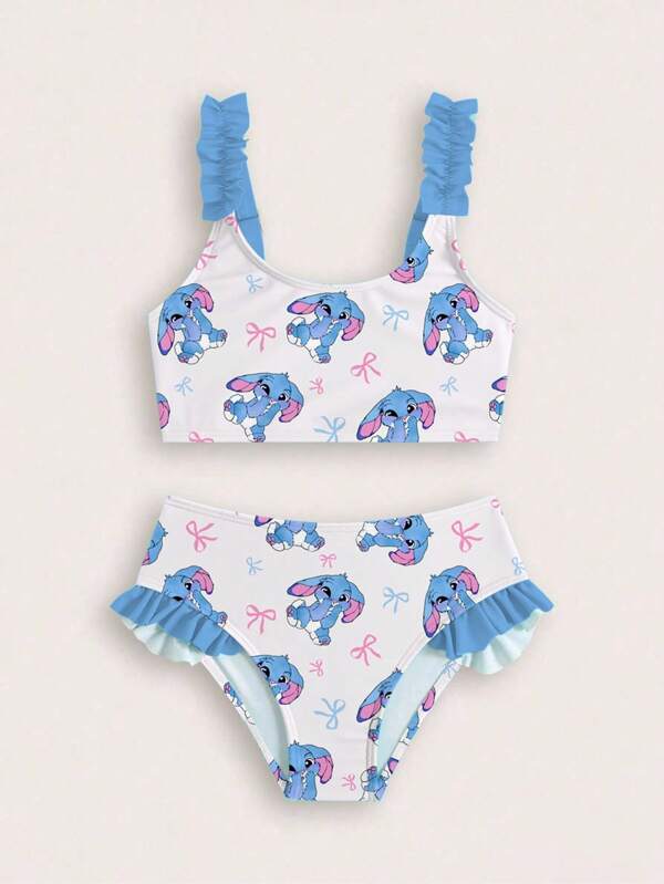 Conjunto de bikini con volantes de estampado de conejo y lazo, estilo de vacaciones en la playa para niña