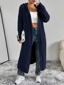 Flirla Cardigan Wanita Lengan Panjang Berkerudung Motif Kabel Putar Kasual Modis untuk Musim Gugur dan Musim Dingin - Navy Blue - View 6