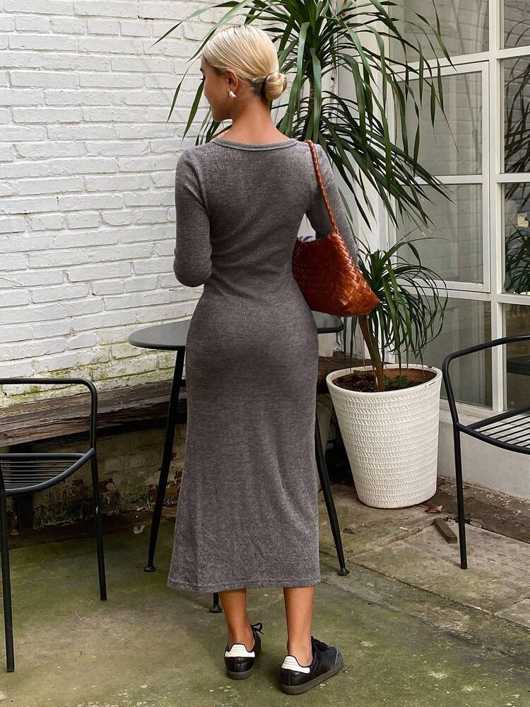 Solid Color Waist Twist V-Neck Long Sleeve Elegant Autumn/Winter Dress For Women Dress