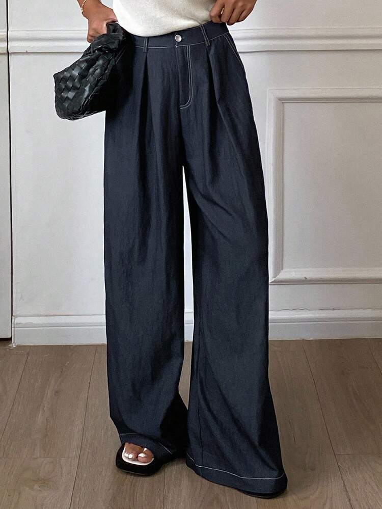 Contrast Color Stripe Loose Wide Leg Pants With Pockets, Casual Trousers For Women, Spring/Autumn Women Dress Pants