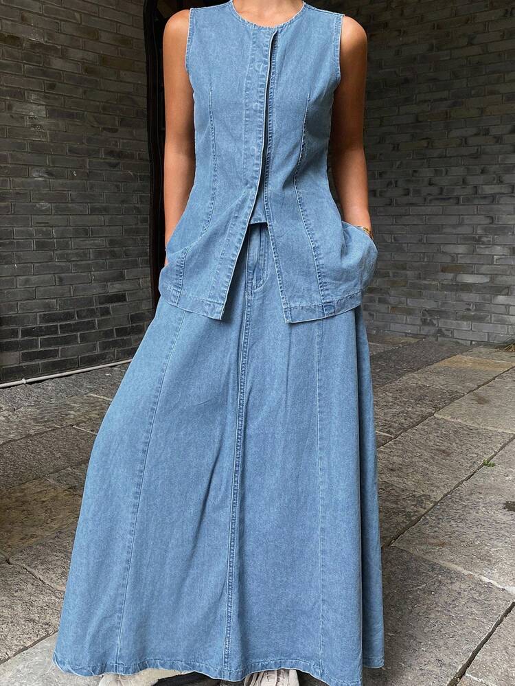 Women's Western Cowgirl Solid Color Waist Cinched Round Neck Sleeveless A-Line Pocket Casual Summer Dress Set