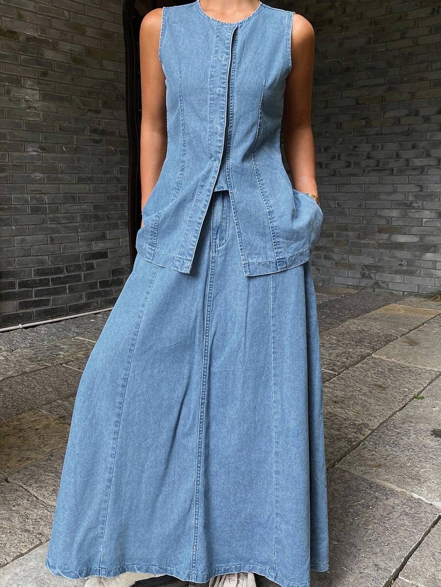 DAZY 女式西部牛仔纯色腰部收紧圆领无袖 A 字形口袋休闲夏季连衣裙套装 - 藍色 - 查看 1