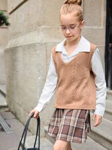 2 件套女童仿毛针织二合一领长袖衬衫和格子褶皱迷你裙休闲套装，适合外出、返校、学院风 - 卡其色 - 查看 7